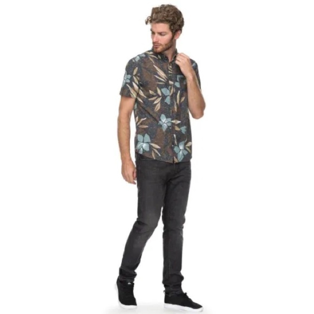 Quiksilver Floral Muted Brown Green Floral Print Button Down Shirt